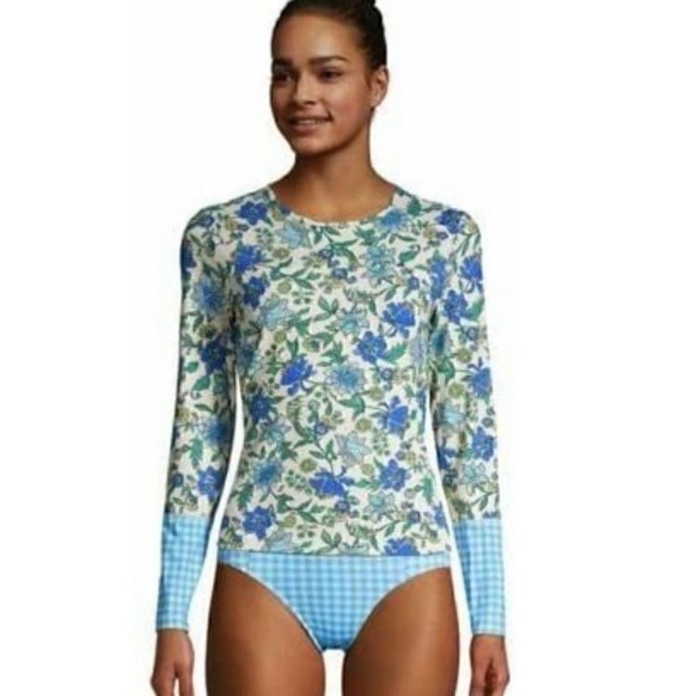 Land’s End Long sleeve Lotus gingham rash guard blues greens floral size XS